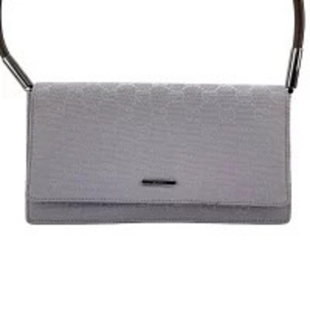 Gucci gray textured leather shoulder bag front flap metallic accent thin